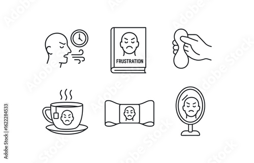 simple straight perfect outline stroke icon items monoline icons style isolated on white background frustration breathing timer frustration self help book frustration pinch toy frustration