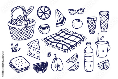 Picnic Essentials Illustration: A charming hand-drawn illustration showcases a collection of picnic essentials, inviting a sense of joy, leisure, and outdoor delight.
