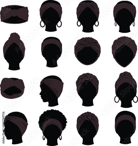 Stylish Women's Headwrap & Turban Silhouettes: A Comprehensive Collection of Trendy and Cultural Headwear Designs for Fashion, Beauty, and Accessory Concepts.