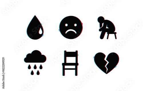 six different glitch effect illustration isolated on white backgorund sadness (emotions): tear drop gloomy face slumped figure lonely rain cloud empty chair broken heart