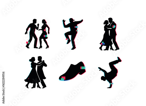 six different glitch effect illustration isolated on white backgorund rhythm (dance moves): salsa step hip hop move tango embrace waltz spin tap shoe breakdance freeze