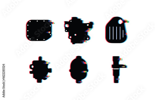 six different glitch effect illustration isolated on white backgorund remanufactured engine unit reconditioned head remanufactured engine unit honed cylinder remanufactured engine unit