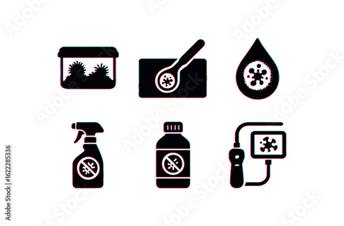 six different glitch effect illustration isolated on white backgorund mold humidity chamber mold microscope slide mold stain indicator mold cleaning solution mold prevention sealer mold