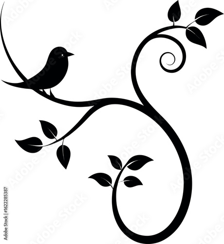curved vine with perched bird design black silhouette