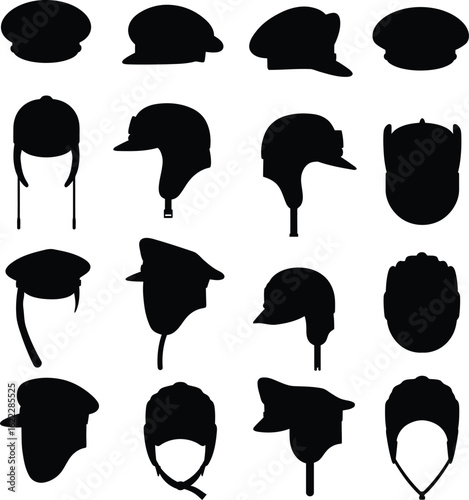A comprehensive collection of diverse hat and headwear silhouettes, showcasing various styles including flat caps, aviator hats, and helmets from multiple angles, ideal for fashion.