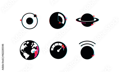 six different glitch effect illustration isolated on white backgorund planetary orbit model planetary core simulation planetary ring diagram planetary surface map planetary albedo meter