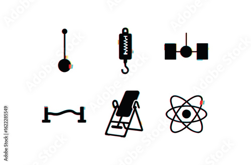 six different glitch effect illustration isolated on white backgorund gravity pendulum bob gravity spring balance gravity field probe gravity wave detector gravity inversion table gravity