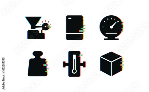 six different glitch effect illustration isolated on white backgorund mass to energy converter mass storage device mass density gauge mass calibration mass flux sensor mass simulation model