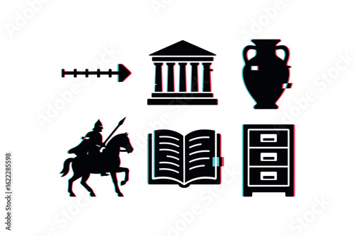six different glitch effect illustration isolated on white backgorund history timeline map history artifact catalog history documentary film history primary source collection history battle