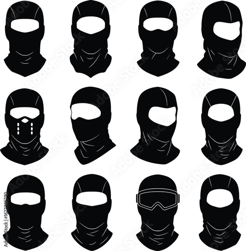 A comprehensive collection of diverse balaclava and face mask designs, showcasing various styles, openings, and coverage options, ideal for outdoor, sports, and protective gear illustrations.