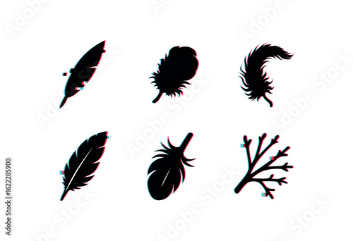 six different glitch effect illustration isolated on white backgorund quill pen tip down jacket filling feather boa strand flight plume assembly calamus shaft section vane hooklet cluster
