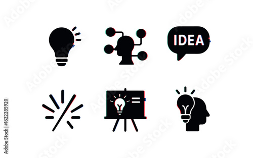 six different glitch effect illustration isolated on white backgorund idea lightbulb icon idea mind map idea concept bubble idea spark streak idea brainstorming board idea eureka moment
