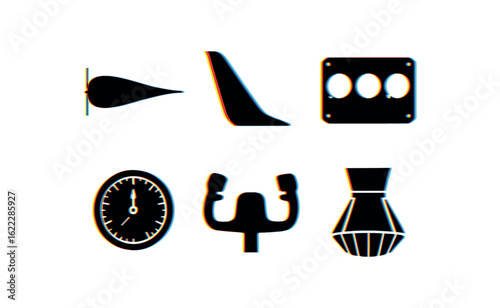 six different glitch effect illustration isolated on white backgorund wing lift diagram aerodynamic winglet flight deck panel altimeter gauge cockpit yoke control thrust vector nozzle