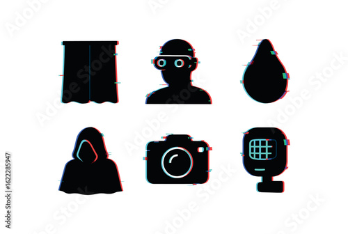 six different glitch effect illustration isolated on white backgorund darkness blackout curtain darkness night darkness light absorber darkness shadow cloak darkness infrared camera