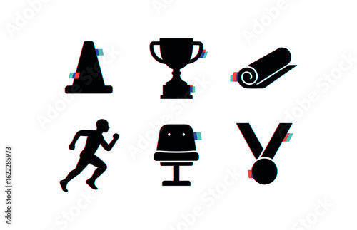 six different glitch effect illustration isolated on white backgorund sport training cone sport trophy cup sport gym mat sport athlete silhouette sport stadium sport medal ribbon