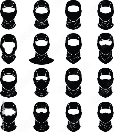 A comprehensive collection of diverse balaclava and face mask silhouettes, showcasing various styles, openings, and coverage options, ideal for outdoor, sports, and protective gear designs.