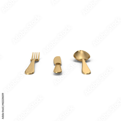 Golden fork, knife, and spoon set isolated on transparent background