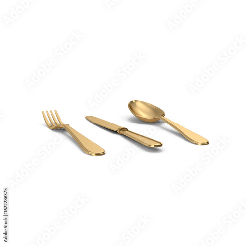 Golden fork, knife, and spoon set isolated on transparent background