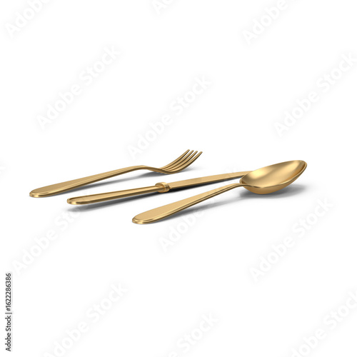 Golden fork, knife, and spoon set isolated on transparent background