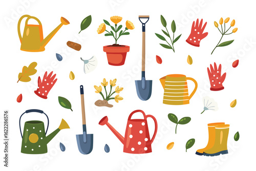 Garden Tools and Plants: A vibrant illustration showcasing a collection of gardening tools and diverse plant life, creating a cheerful and inviting scene of nature and horticultural beauty.