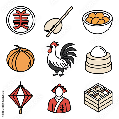 Illustration Art Vector Celebrating Lunar New Year with Chicken Pumpkin Lantern and Dumpling Symbols in Modern Flat Design
