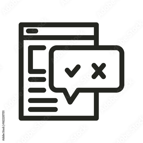 Browser window with chat bubble showing a check mark and X mark