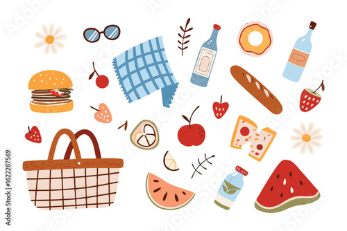 Picnic Food Delight: a cheerful arrangement of picnic essentials, from sandwiches and fruits to refreshing beverages, perfect for a sunny day out in the open. 