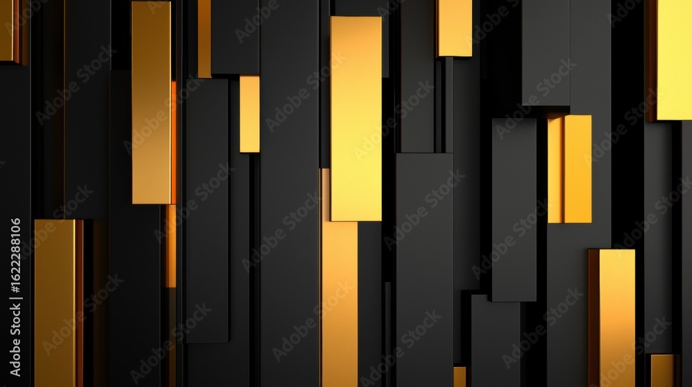 A 3D rendering of a black and gold geometric pattern. A 3D rendering of a black and gold geometric pattern.