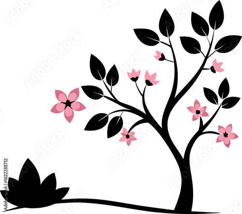 Soft petals and flower tree border black silhouette