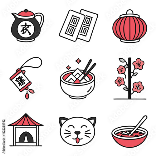 Illustration Set Vector of Asian Food and Culture Icons with Traditional Elements in Clean Line Art Style and Red Accents