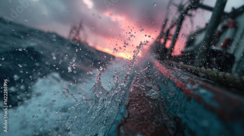 Close-up shot of boat in rough seas, water splashing over side, orange and pink sunset backdrop