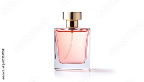A rectangular glass perfume bottle with a gold cap, filled with light pink liquid, is shown against a white background