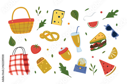 Picnic Essentials: a vibrant visual celebration of picnic food and accessories, the scene evokes feelings of joy and preparation for an enjoyable gathering in the open air.