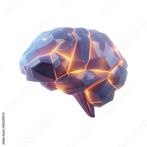 Futuristic, geometric brain design with glowing lines, symbolizing intelligence and technology. This digital artwork represents innovation
