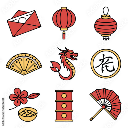Chinese New Year Vector Illustration with Dragon Lantern and Red Envelope in Outline Style