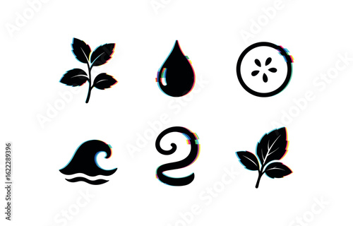 six different glitch effect illustration isolated on white backgorund freshness mint sprig freshness morning dew freshness cucumber slice freshness sea breeze freshness lime zest freshness