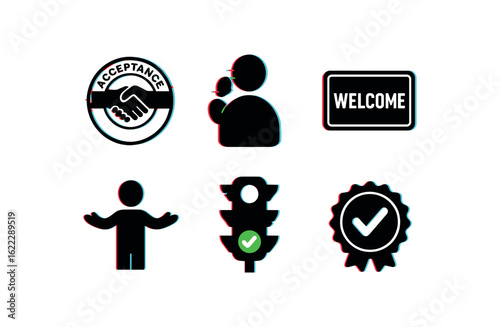 six different glitch effect illustration isolated on white backgorund acceptance handshake stamp acceptance nod sequence acceptance welcome mat acceptance open arms acceptance green light