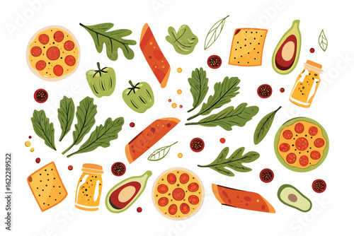 Delectable culinary composition:A vibrant and artistic arrangement featuring an assortment of freshly ingredients from pizzas, vegetables, herbs and other delights.