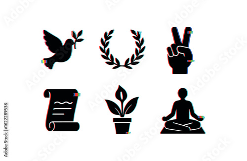 six different glitch effect illustration isolated on white backgorund peace dove symbol peace olive branch wreath peace sign gesture peace treaty scroll peace lily plant peace meditation mat