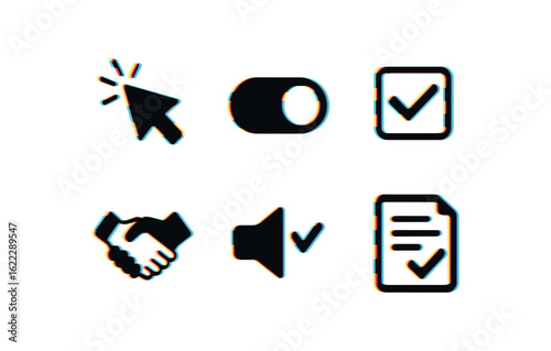 six different glitch effect illustration isolated on white backgorund consent button click consent opt switch consent survey question consent handshake icon consent audio approval consent