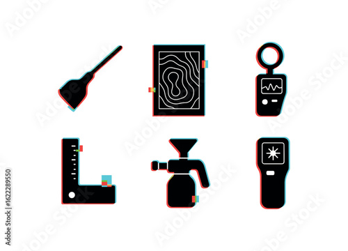 six different glitch effect illustration isolated on white backgorund surface texture probe surface contour map surface tension tester surface finish gauge surface coating applicator