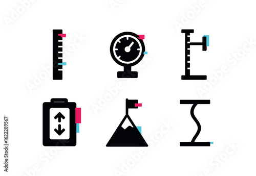 six different glitch effect illustration isolated on white backgorund height gauge height altimeter barometer height stadiometer scale height elevator shaft height mountain peak marker