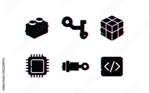 six different glitch effect illustration isolated on white backgorund building brick engine stopper puzzle cube memory cache hydraulic actuator code snippet