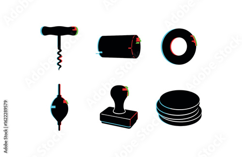 six different glitch effect illustration isolated on white backgorund cork plug extractor cork grip handle cork gasket seal cork fishing bobber cork stamp pad cork coaster set