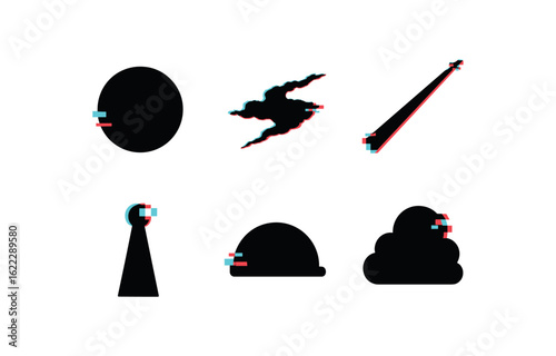 six different glitch effect illustration isolated on white backgorund sky troposphere map sky cirrus veil sky contrail plume sky light beam shaft sky celestial dome sky air domain
