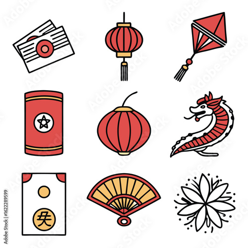 Chinese New Year Vector Illustration Set featuring Dragon Lantern Kite and Fan in Modern Minimalist Style