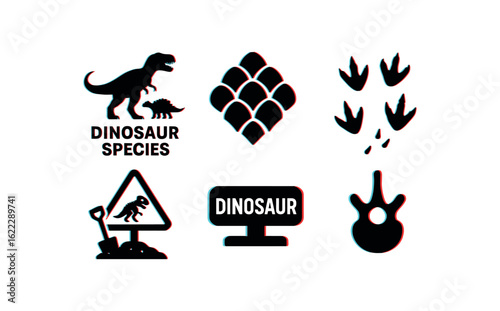 six different glitch effect illustration isolated on white backgorund dinosaur species chart dinosaur scale pattern dinosaur trackway diagram dinosaur dig site marker dinosaur genus plaque