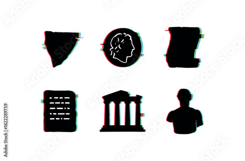six different glitch effect illustration isolated on white backgorund antiquity pottery shard antiquity bronze coin antiquity scroll fragment antiquity tomb inscription antiquity temple