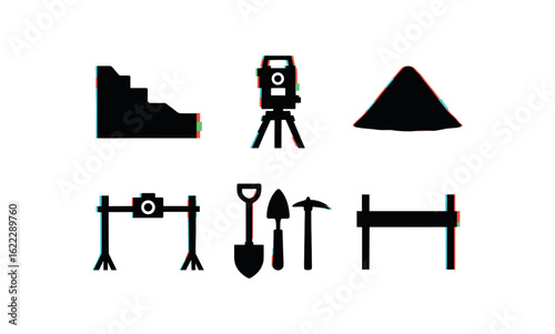 six different glitch effect illustration isolated on white backgorund excavation stratigraphy profile excavation survey station excavation spoil heap excavation photogrammetry rig
