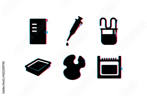 six different glitch effect illustration isolated on white backgorund gel electrophoresis slab gel polymer matrix gel droplet dispenser gel viscometer cup gel casting tray gel polymerase